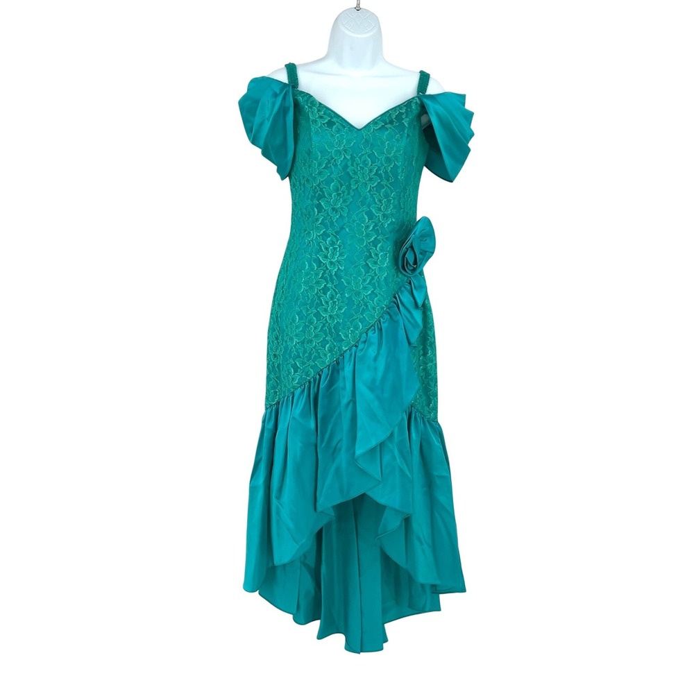 Vintage 80s teal prom dress L.A. Glo lace off shoulder rosette‎ gown